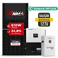 Gerador de Energia Solar Off Grid Interativo Luxpower Telhado Fibro Parafuso Madeira SGF 7,32KWP RONMA 610W SNA-BR 5KW AC 127 BIFASICO DC48V BAT. LITIO 5,12kWh
