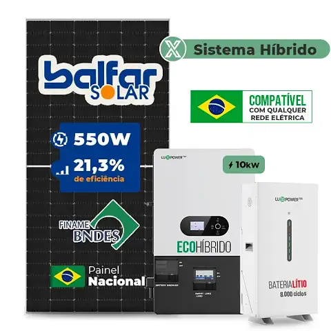 Gerador de Energia Solar Hibrido Luxpower com Bateria Telhado Metálico Mini Trilho SGF 13,2KWP FINAME 550W ECO HIBRIDO 10KW 220V DC48V BAT. LITIO 14,3kWh