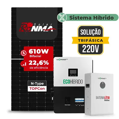 Gerador de Energia Solar Hibrido Luxpower Sem Estrutura SGF 26,84KWP RONMA 610W SNA-BR-E 5KW AC TRIF. 220V DC48V BAT. LITIO 20,48kWh