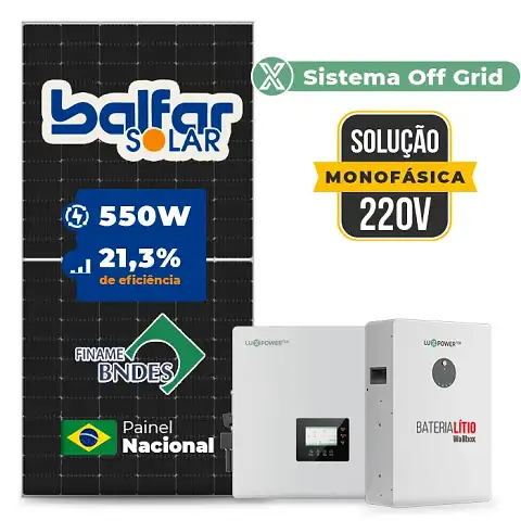 Gerador de Energia Solar Off Grid Interativo Luxpower Telhado Fibro Parafuso Metal SGF 15,4KWP FINAME 550W GEN-LB-EU 10KW AC 220 MONO DC48V BAT. LITIO 15,36kWh