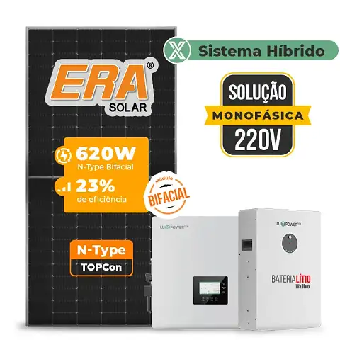 Gerador de Energia Solar Hibrido Luxpower Telhado Fibro Parafuso Madeira SGF 17,36KWP ERA BIF 620W GEN-LB-EU 10KW AC 220 MONO DC48V BAT. LITIO 15,36kWh