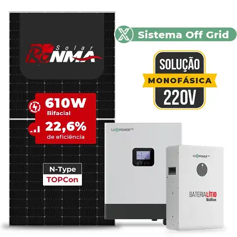 Gerador de Energia Solar Off Grid Interativo Luxpower Telhado Fibro Parafuso Madeira SGF 7,32KWP RONMA 610W GEN-LB-EU 5KW AC 220 MONO DC48V BAT. LITIO 5,12kWh