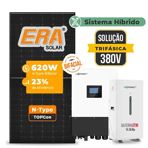 Gerador de Energia Solar Hibrido Luxpower sem Bateria Telhado Cerâmico Gancho SGF 17,36KWP ERA BLACK 620W HIBRIDO 15KW TRIF 380V DC48V SEM BATERIA