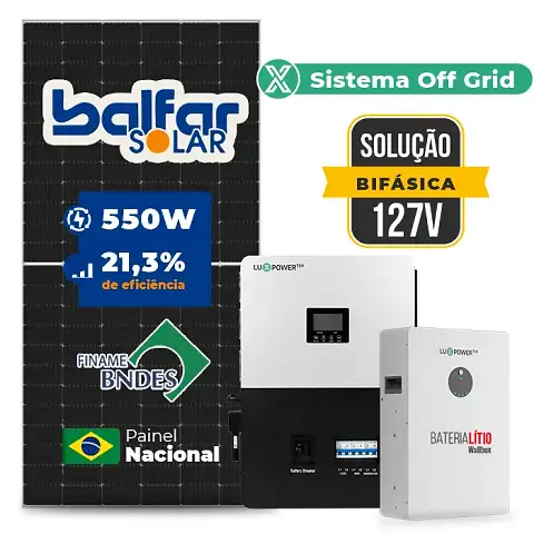 Gerador de Energia Solar Off Grid Interativo Luxpower Telhado Fibro Parafuso Madeira SGF 7,7KWP FINAME 550W SNA-BR 5KW AC 127 BIFASICO DC48V BAT. LITIO 5,12kWh