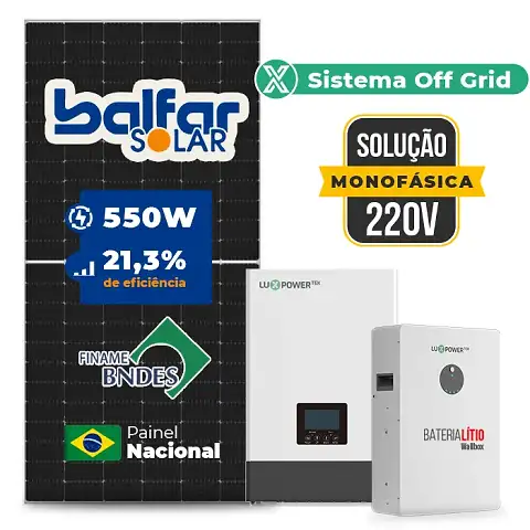 Gerador de Energia Solar Off Grid Interativo Luxpower Telhado Fibro Parafuso Madeira SGF 7,7KWP FINAME 550W WPV 5KW AC 220 MONO DC48V BAT. LITIO 5,12kWh