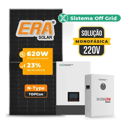 Gerador de Energia Solar Off Grid Interativo Luxpower Telhado Fibro Parafuso Madeira SGF 8,68KWP ERA 620W WPV 5KW AC 220 MONO DC48V BAT. LITIO 5,12kWh