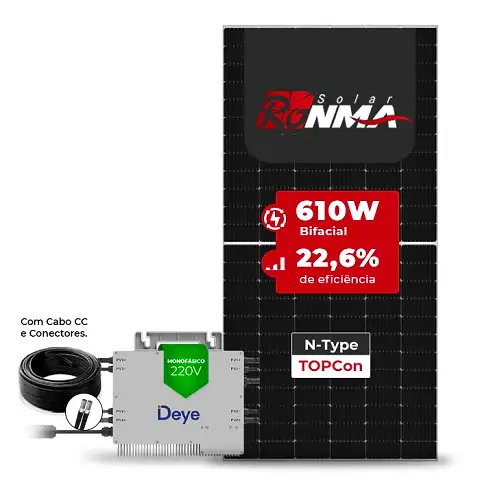 Gerador de Energia Solar Microinversor DEYE Telhado Fibro Parafuso Madeira SGF 9,76KWP RONMA 610W BIFACIAL SUN 2.25KW 4MPPT MONO 220V COM CABO