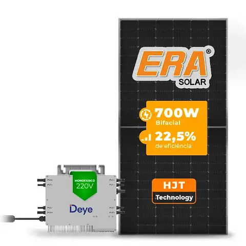 Gerador de Energia Solar Microinversor DEYE Telhado Fibro Parafuso Madeira SGF 11,20KWP ERA HJT BIFACIAL 700W SUN 2.25KW 4MPPT MONO 220V