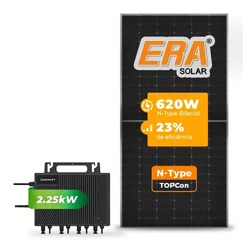 Gerador de Energia Solar Microinversor Growatt Telhado Metálico Mini Trilho SGF 7,44KWP ERA N-TYPE MONO 620W NEO 2.25KW 4MPPT MONO 220V