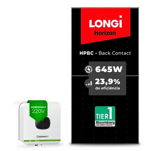 Gerador de Energia Solar On Grid Growatt Laje Inclinação SGF 3,87KWP LONGI 645W HPBC MIC X2 3KW 1MPPT MONO 220V