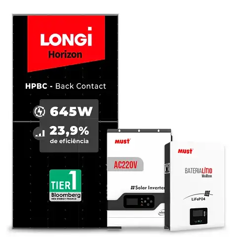 Gerador de Energia Solar Off Grid Interativo Must Sem Estrutura SGF 7,74KWP LONGI 645W HPBC PV29 LHP 5KW AC220V DC48V