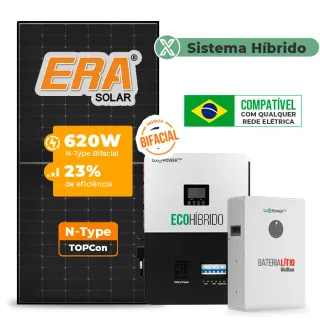 Gerador de Energia Solar Hibrido Luxpower com Bateria Sem Estrutura SGF 7,44KWP ERA BLACK 620W ECO HIBRIDO 5KW 220V DC48V BAT. LITIO 5,12kWh