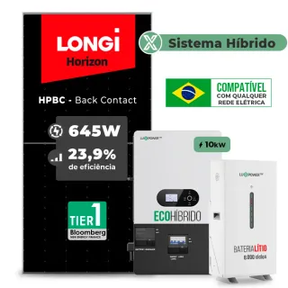 Gerador de Energia Solar Hibrido Luxpower com Bateria Sem Estrutura SGF 12,9KWP LONGI 645W ECO HIBRIDO 10KW 220V DC48V BAT. LITIO 14,3kWh