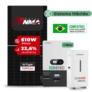 Gerador de Energia Solar Hibrido Luxpower com Bateria Sem Estrutura SGF 12,2KWP RONMA 610W ECO HIBRIDO 10KW 220V DC48V BAT. LITIO 14,3kWh