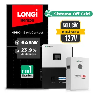 Gerador de Energia Solar Off Grid Interativo Luxpower Sem Estrutura SGF 7,74KWP LONGI 645W HPBC SNA-BR 5KW AC 127 BIFASICO DC48V