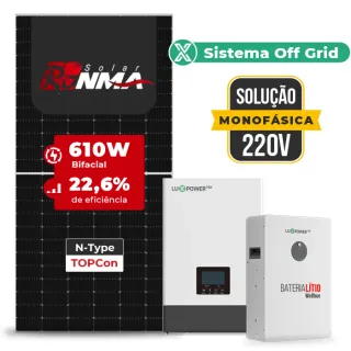 Gerador de Energia Solar Off Grid Interativo Luxpower Sem Estrutura SGF 7,32KWP RONMA 610W WPV 5KW AC 220 MONO DC48V BAT. LITIO 5,12kWh