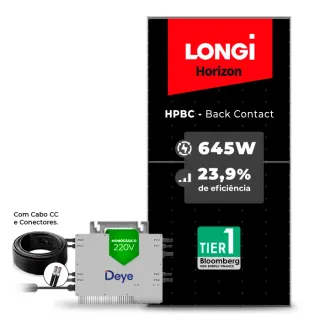 Gerador de Energia Solar Microinversor DEYE Telhado Fibro Parafuso Madeira SGF 2,58KWP LONGI 645W HPBC SUN 2.25KW 4MPPT MONO 220V COM CABO