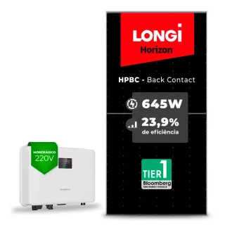 Gerador de Energia Solar On Grid Sungrow Telhado Fibro Parafuso Metal SGF 3,87KWP LONGI 645W HPBC SG RS-L 3KW 1MPPT MONO 220V