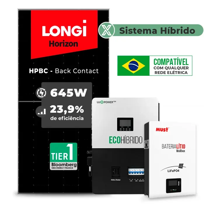 Gerador de Energia Solar Hibrido Luxpower com Bateria Sem Estrutura SGF 10,32KWP LONGI 645W ECO HIBRIDO 5KW 220V DC48V BAT. LITIO 5,12kWh