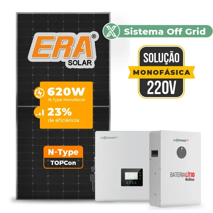 Gerador de Energia Solar Off Grid Interativo Luxpower Sem Estrutura SGF 14,88KWP ERA 620W GEN-LB-EU 10KW AC 220 MONO DC48V BAT. LITIO 15,36kWh