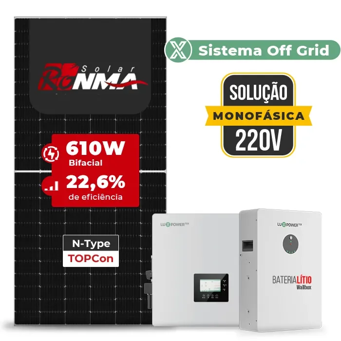 Gerador de Energia Solar Off Grid Interativo Luxpower Sem Estrutura SGF 14,64KWP RONMA 610W GEN-LB-EU 10KW AC 220 MONO DC48V BAT. LITIO 15,36kWh