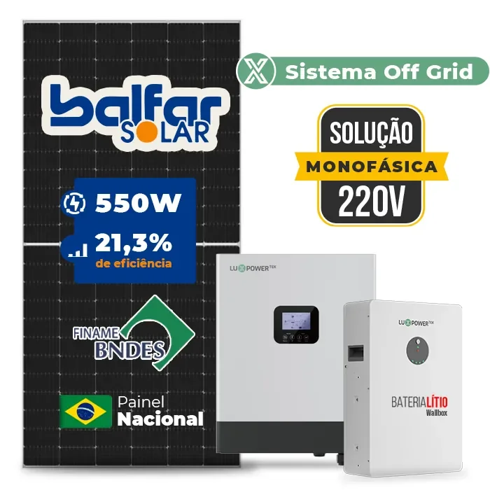 Gerador de Energia Solar Off Grid Interativo Luxpower Telhado Fibro Parafuso Madeira SGF 8,8KWP FINAME 550W GEN-LB-EU 5KW AC 220 MONO DC48V BAT. LITIO 5,12kWh