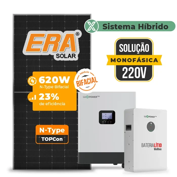 Gerador de Energia Solar Hibrido Luxpower Telhado Fibro Parafuso Madeira SGF 9,92KWP ERA BIF 620W GEN-LB-EU 5KW AC 220 MONO DC48V BAT. LITIO 5,12kWh