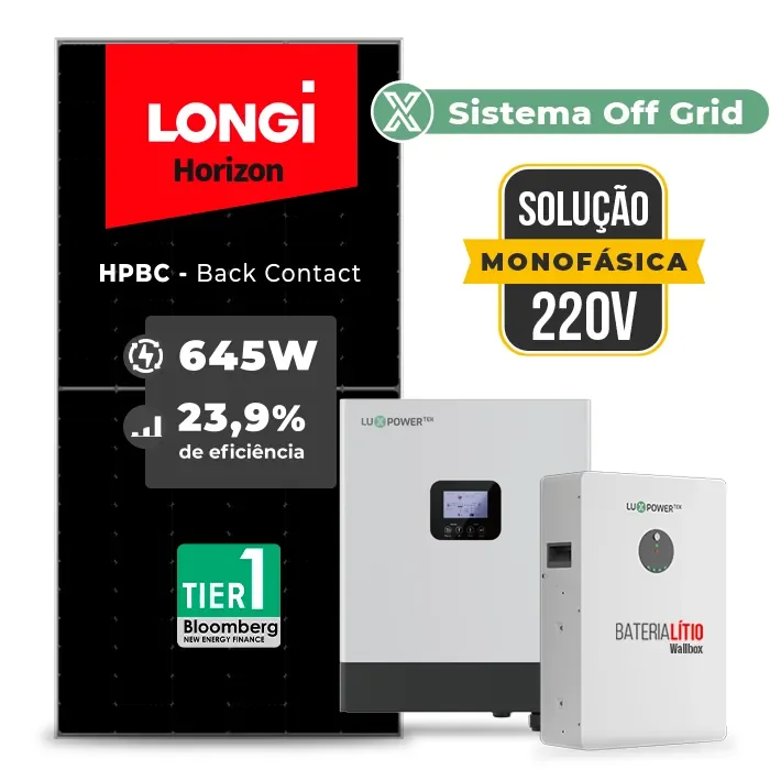 Gerador de Energia Solar Off Grid Interativo Luxpower Telhado Fibro Parafuso Madeira SGF 10,32KWP LONGI 645W HPBC GEN-LB-EU 5KW AC 220 MONO DC48V
