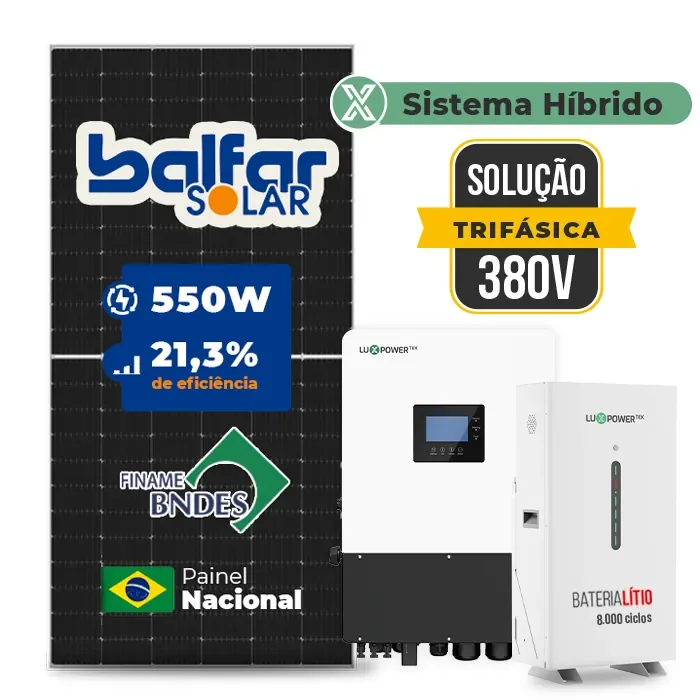 Gerador de Energia Solar Hibrido Luxpower com Bateria Telhado Metálico Mini Trilho SGF 15,4KWP FINAME 550W HIBRIDO 15KW TRIF 380V DC48V BAT. LITIO 14,3kWh