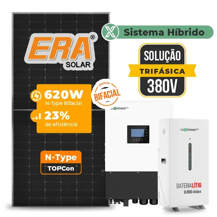 Gerador de Energia Solar Hibrido Luxpower com Bateria Telhado Fibro Parafuso Metal SGF 22,32KWP ERA BIF 620W HIBRIDO 15KW TRIF 380V DC48V BAT. LITIO 14,3kWh