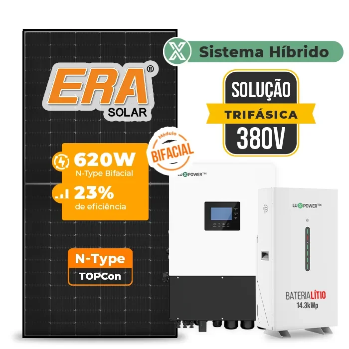 Gerador de Energia Solar Hibrido Luxpower sem Bateria Telhado Cerâmico Gancho SGF 17,36KWP ERA BLACK 620W HIBRIDO 15KW TRIF 380V DC48V SEM BATERIA