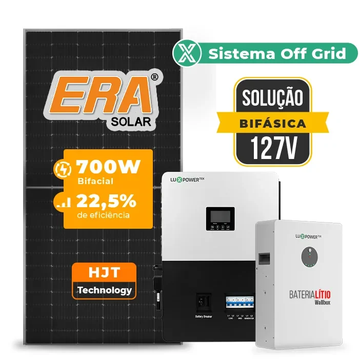 Gerador de Energia Solar Off Grid Interativo Luxpower Telhado Fibro Parafuso Madeira SGF 8,4KWP ERA 700W SNA-BR 5KW AC 127 BIFASICO DC48V BAT. LITIO 5,12kWh
