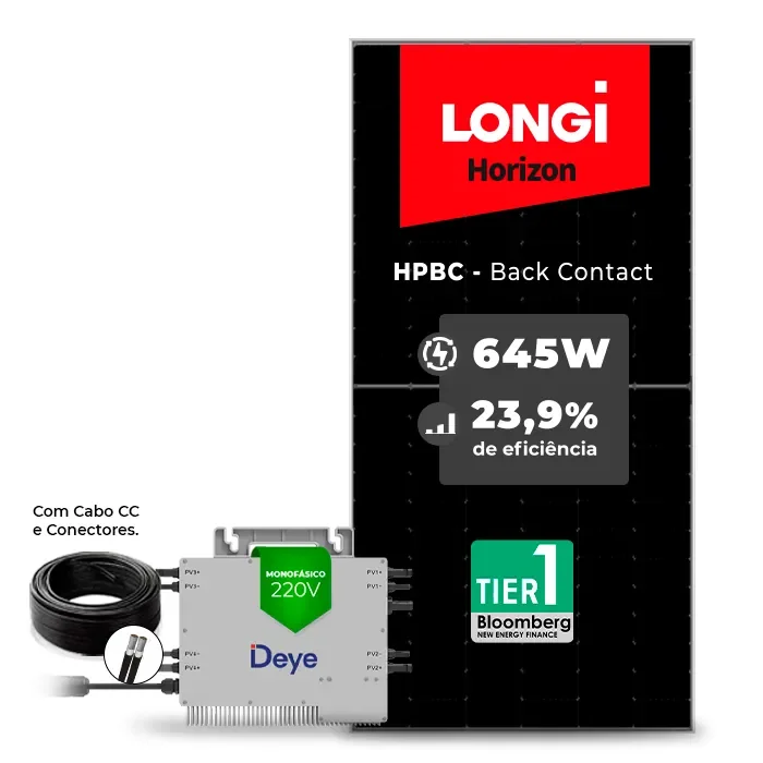 Gerador de Energia Solar Microinversor DEYE Telhado Fibro Parafuso Madeira SGF 2,58KWP LONGI 645W HPBC SUN 2.25KW 4MPPT MONO 220V COM CABO